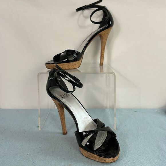 Stuart Weitzman Black Patent Cork Bottom Sandals - Picture 1 of 6